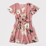 PatPat Floral Print V-neck Short-sleeve Matching Pink Shorts Rompers - Image 2