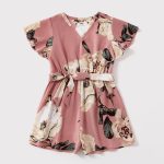 PatPat Floral Print V-neck Short-sleeve Matching Pink Shorts Rompers - Image 3