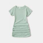 PatPat Light Green Solid DraAwstring Design Cotton Short Sleeve Mini Dresses for Mommy and Me - Image 2