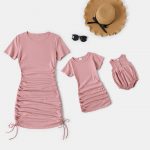 PatPat Light Green Solid DraAwstring Design Cotton Short Sleeve Mini Dresses for Mommy and Me - Image 4