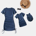 PatPat Light Green Solid DraAwstring Design Cotton Short Sleeve Mini Dresses for Mommy and Me - Image 5