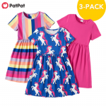 PatPat New Arrival Summer 2021 3-piece Unicorn Allover Striped Print Solid Dresses Children's Clothing - Image 2